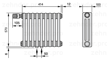 Схема (чертеж) Радиатор Zehnder Charleston 3057/9 №V007 Белый глянцевый RAL 9016